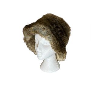 Vintage Faux Fur Winter Hat Brown Taupe Plush Cold Weather Hat